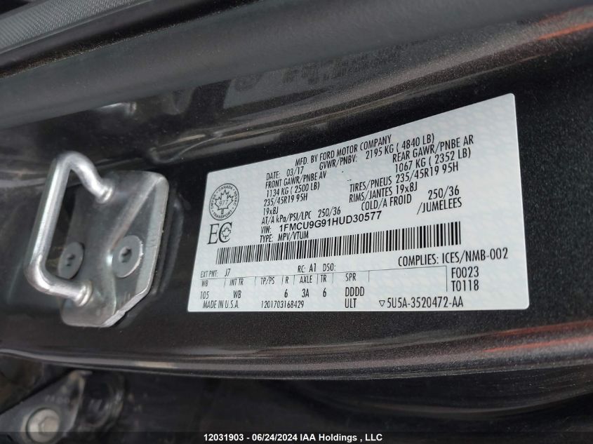 2017 Ford Escape Se VIN: 1FMCU9G91HUD30577 Lot: 12031903