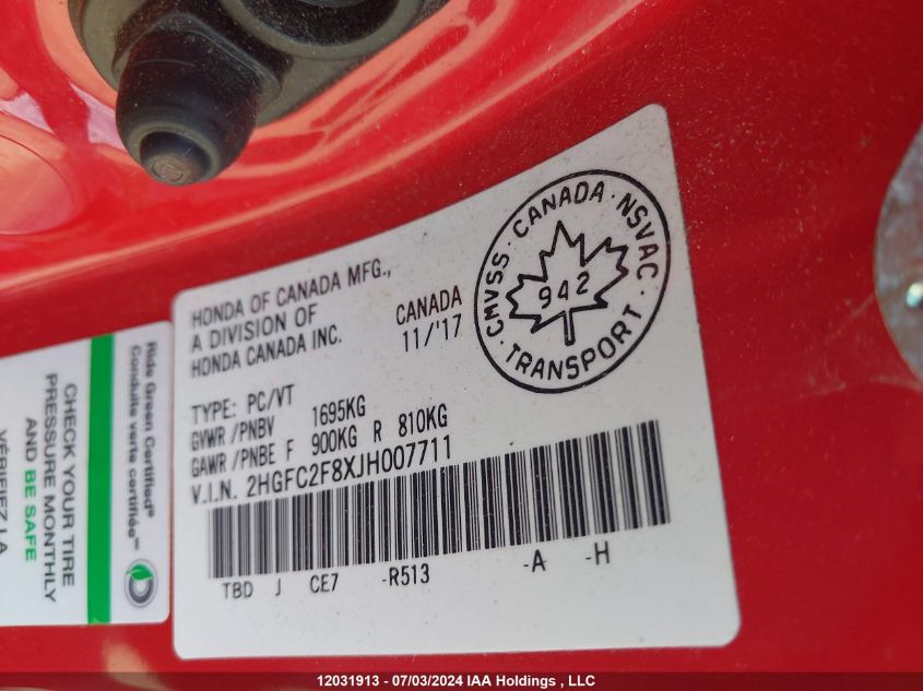 2018 Honda Civic Sedan VIN: 2HGFC2F8XJH007711 Lot: 12031913