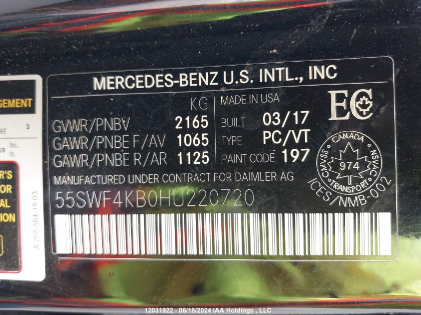 2017 Mercedes-Benz C-Class VIN: 55SWF4KB0HU220720 Lot: 12031922