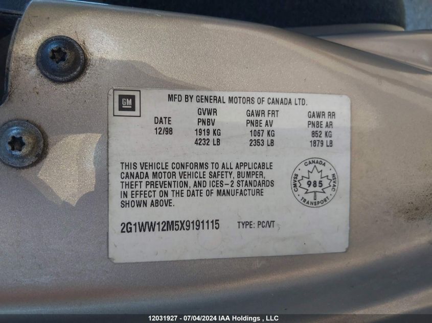 1999 Chevrolet Monte Carlo VIN: 2G1WW12M5X9191115 Lot: 12031927