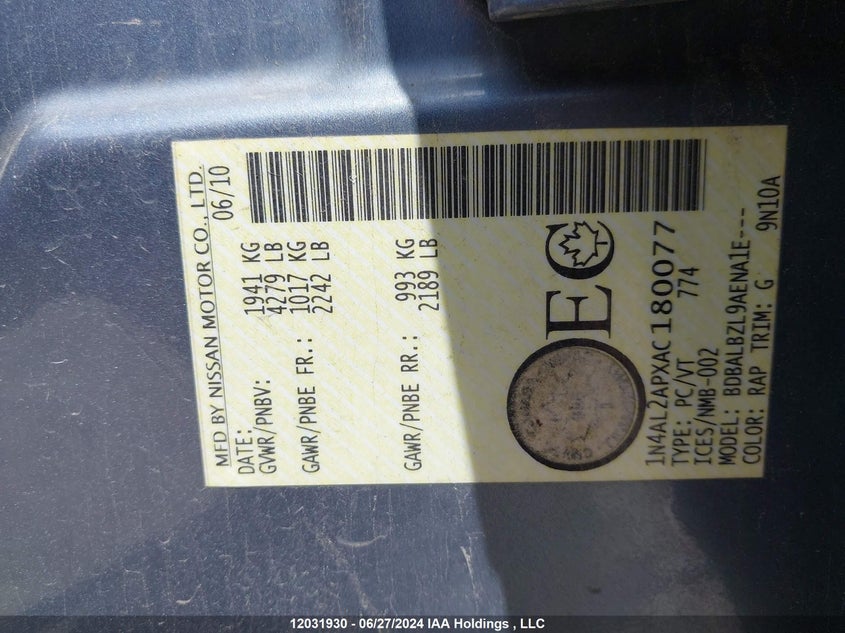 2010 Nissan Altima 2.5 S VIN: 1N4AL2APXAC180077 Lot: 12031930