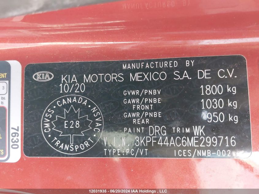 2021 Kia Forte VIN: 3KPF44AC6ME299716 Lot: 12031935