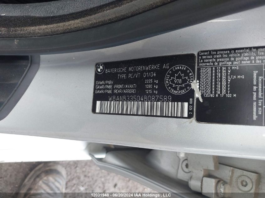 2004 BMW 5 Series VIN: WBANB33504B087589 Lot: 12031948