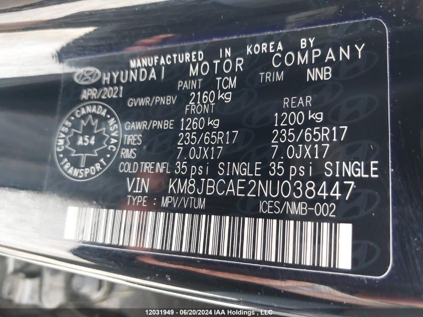 2022 Hyundai Tucson Sel VIN: KM8JBCAE2NU038447 Lot: 12031949