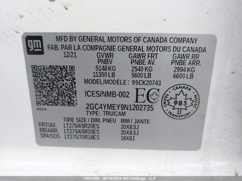 2022 Chevrolet Silverado 2500Hd VIN: 2GC4YMEY9N1202735 Lot: 12031950