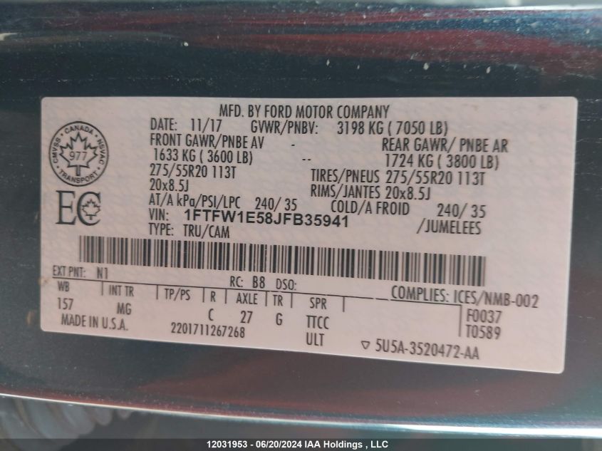 2018 Ford F-150 Xlt VIN: 1FTFW1E58JFB35941 Lot: 12031953