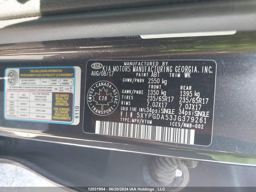 2018 Kia Sorento VIN: 5XYPGDA53JG379261 Lot: 12031954