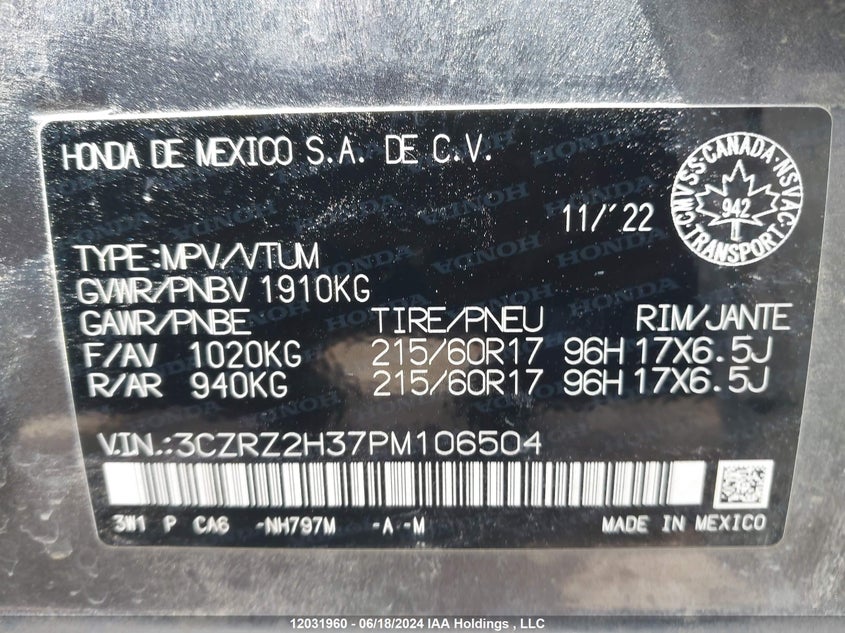 2023 Honda Hr-V Lx VIN: 3CZRZ2H37PM106504 Lot: 12031960