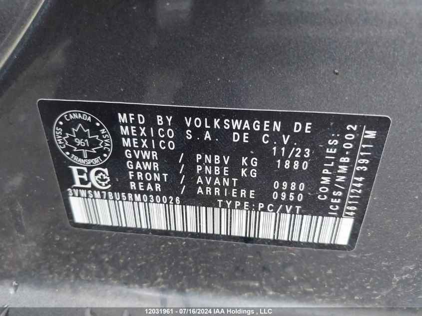 2024 Volkswagen Jetta VIN: 3VWSM7BU5RM030026 Lot: 12031961