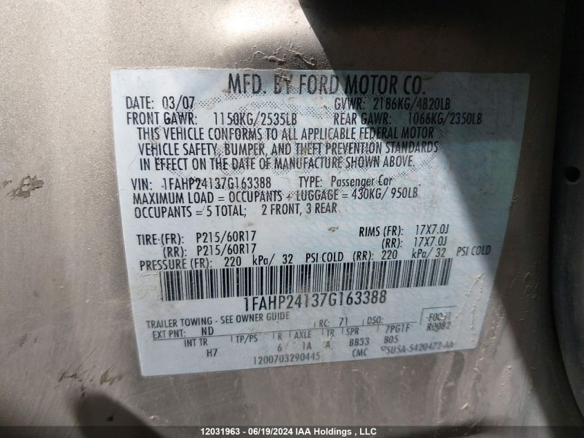 2007 Ford Five Hundred Sel VIN: 1FAHP24137G163388 Lot: 12031963