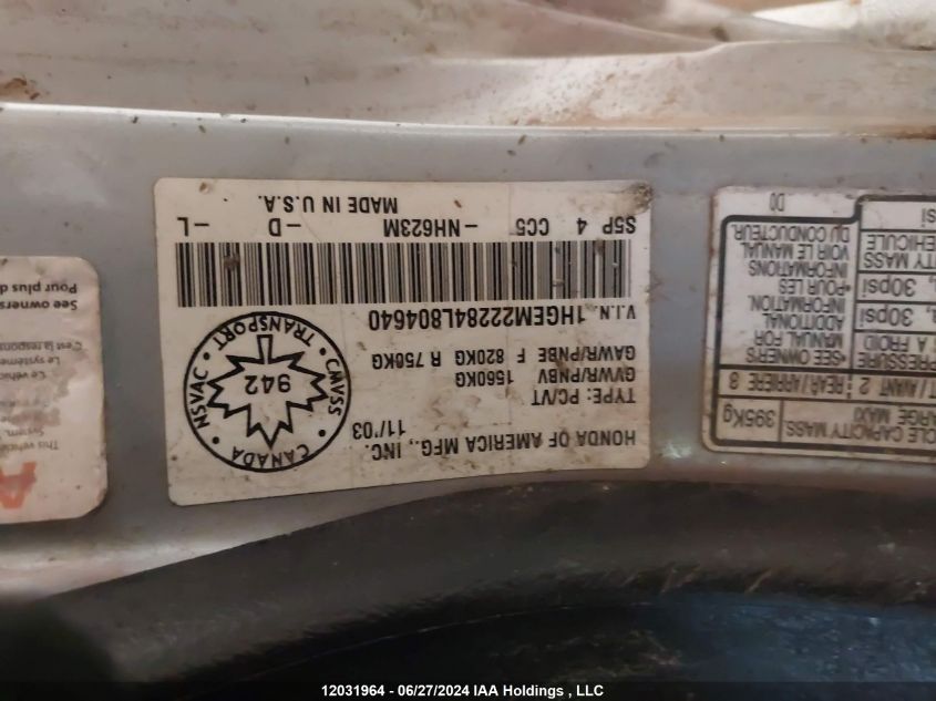 2004 Honda Civic Cpe VIN: 1HGEM22284L804640 Lot: 12031964