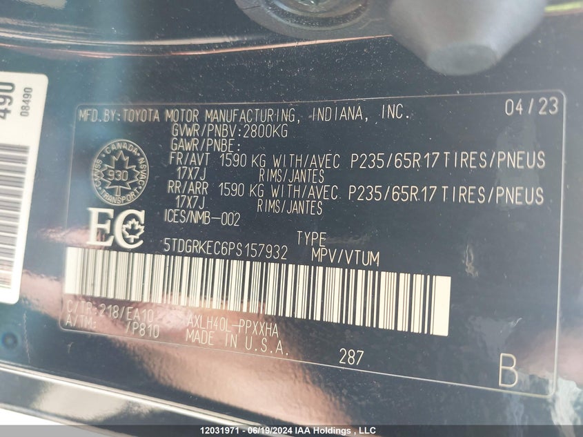2023 Toyota Sienna Le 8-Passenger/Xle 8-Passenger/Xse 7-Passenger VIN: 5TDGRKEC6PS157932 Lot: 12031971