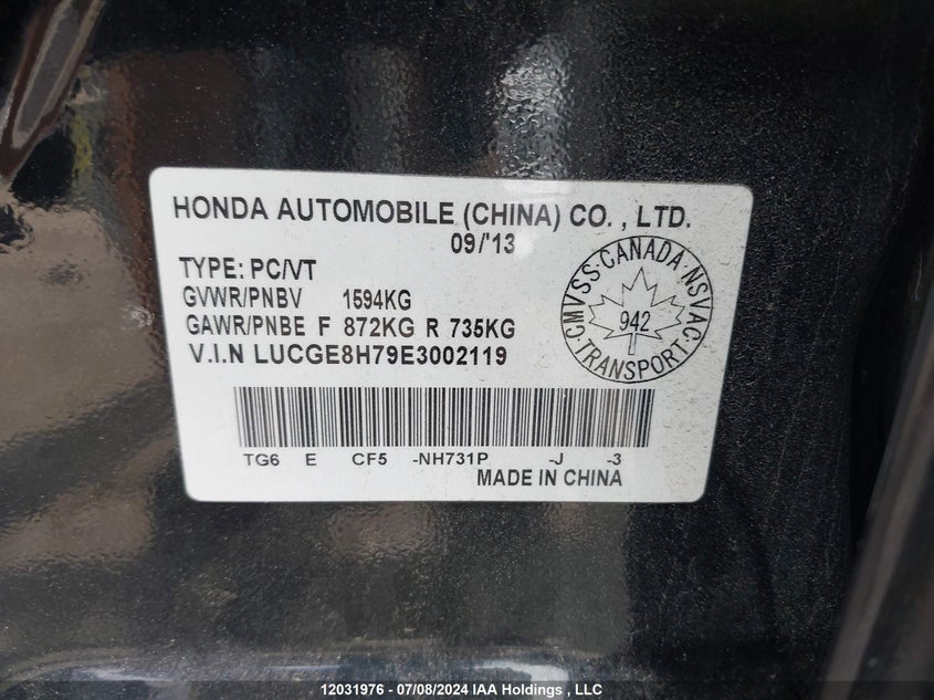 2014 Honda Fit VIN: LUCGE8H79E3002119 Lot: 12031976