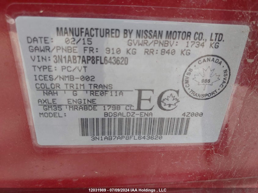 2015 Nissan Sentra VIN: 3N1AB7AP8FL643620 Lot: 12031989