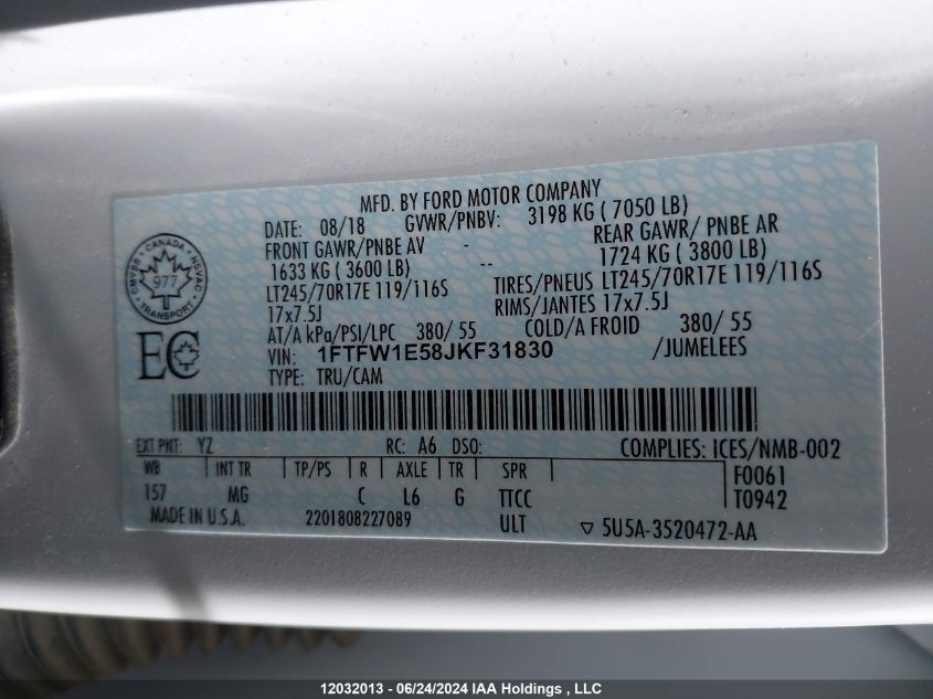 2018 Ford F150 Supercrew VIN: 1FTFW1E58JKF31830 Lot: 12032013