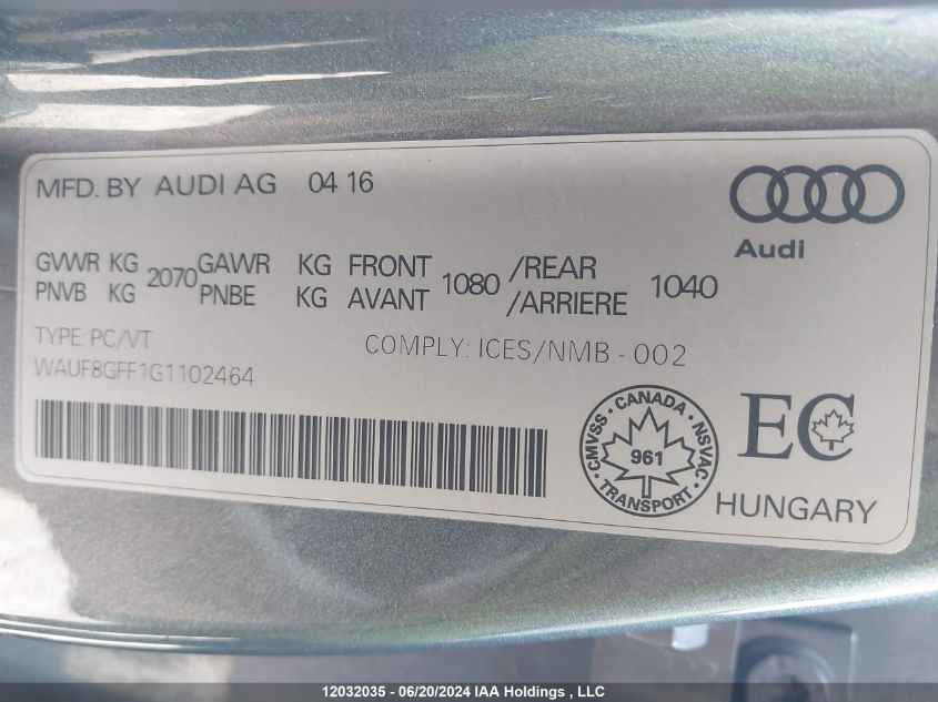 2016 Audi A3 VIN: WAUF8GFF1G1102464 Lot: 12032035