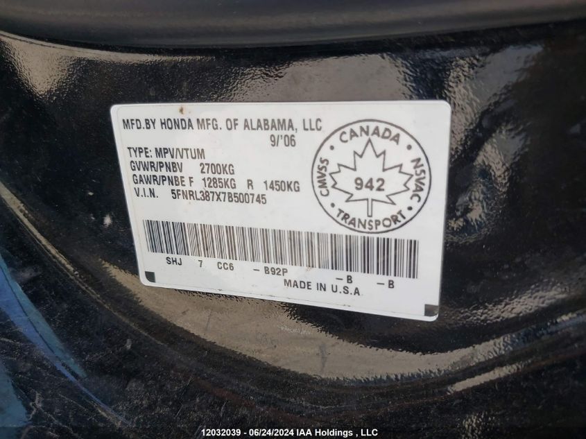 2007 Honda Odyssey Exl VIN: 5FNRL387X7B500745 Lot: 12032039