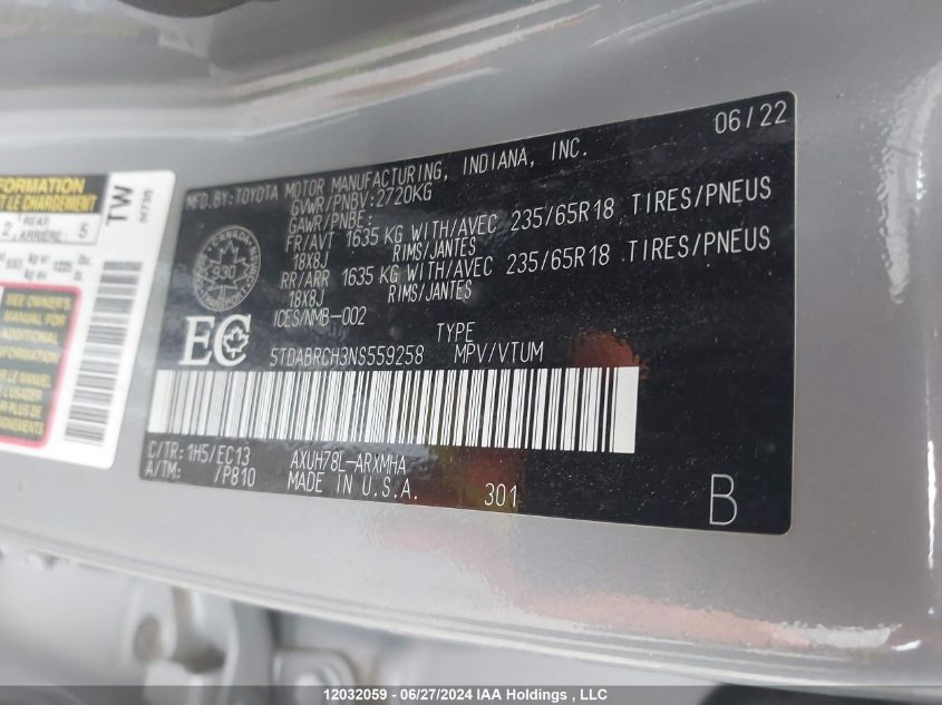 2022 Toyota Highlander Hybrid Xle VIN: 5TDABRCH3NS559258 Lot: 12032059