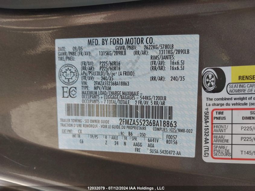 2006 Ford Freestar Se VIN: 2FMZA55236BA18863 Lot: 12032079