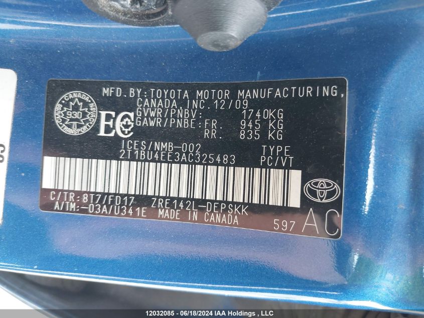 2010 Toyota Corolla Ce/Le/S VIN: 2T1BU4EE3AC325483 Lot: 12032085