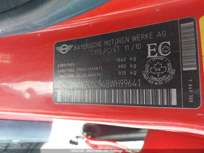 2011 Mini Cooper S Countryman VIN: WMWZC5C54BWH99641 Lot: 12032100