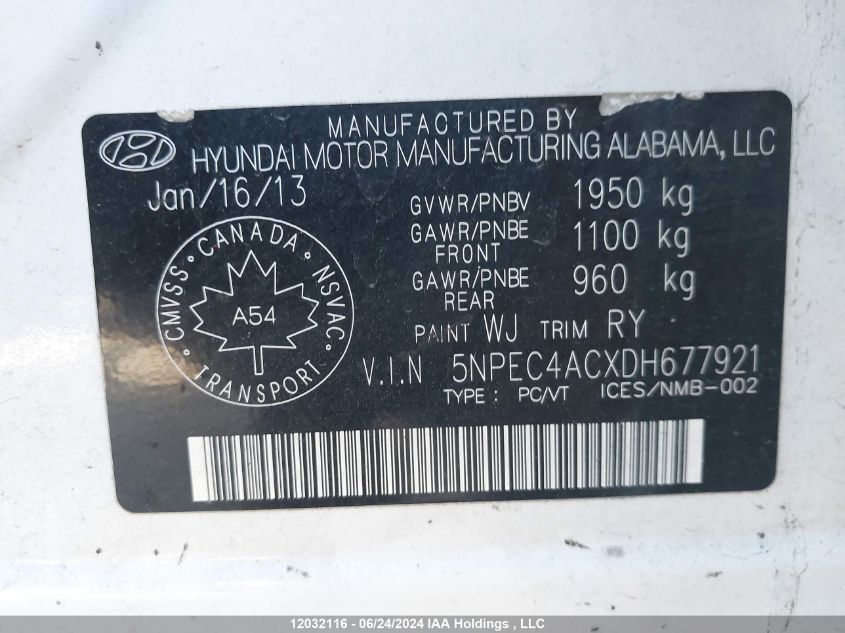 2013 Hyundai Sonata Se VIN: 5NPEC4ACXDH677921 Lot: 12032116