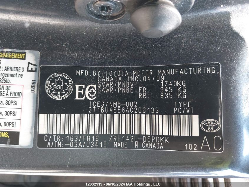 2010 Toyota Corolla Le VIN: 2T1BU4EE6AC206133 Lot: 12032119