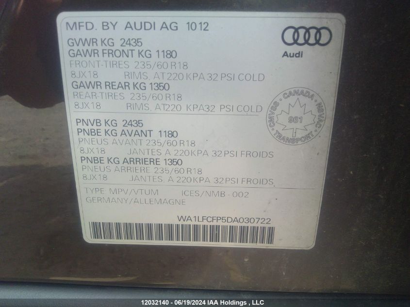 2013 Audi Q5 VIN: WA1LFCFP5DA030722 Lot: 12032140