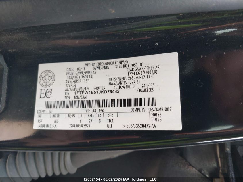 2018 Ford F-150 Xlt VIN: 1FTFW1E51JKD76442 Lot: 12032154