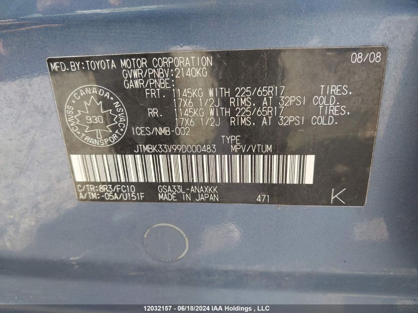 2009 Toyota Rav4 VIN: JTMBK33V99D000483 Lot: 12032157