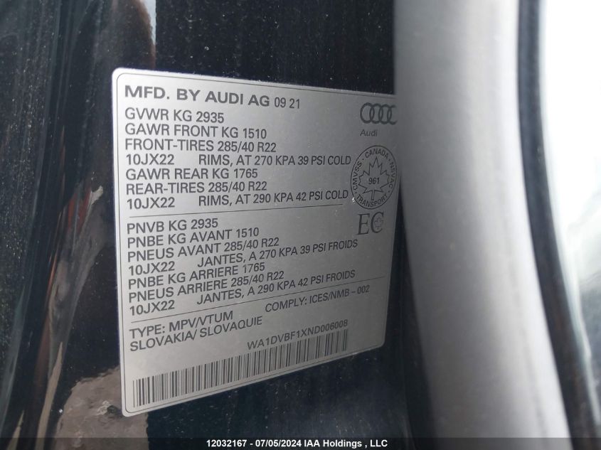 2022 Audi Q8 VIN: WA1DVBF1XND006008 Lot: 12032167