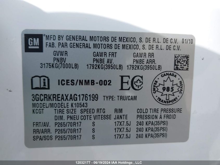 2010 Chevrolet Silverado 1500 VIN: 3GCRKREAXAG176199 Lot: 12032177
