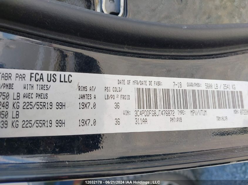 2018 Dodge Journey Gt VIN: 3C4PDDFG8JT476872 Lot: 12032178