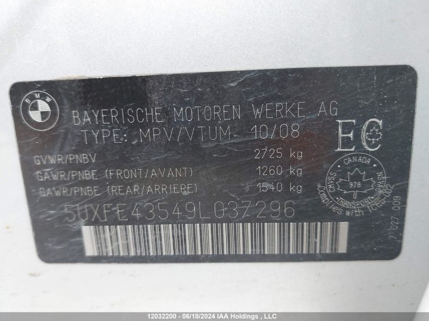 2009 BMW X5 VIN: 5UXFE43549L037296 Lot: 12032200
