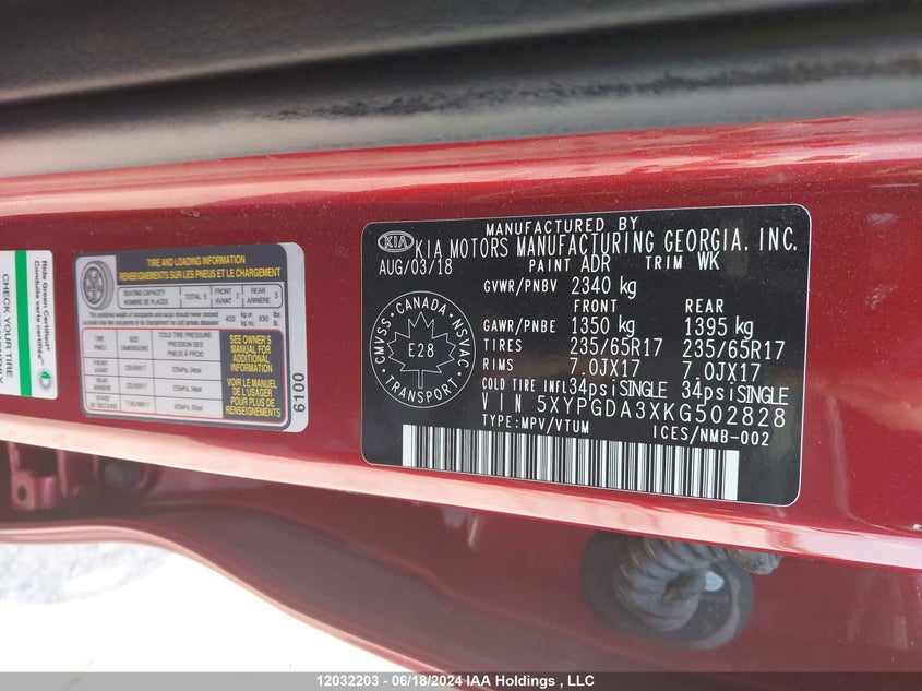 2019 Kia Sorento VIN: 5XYPGDA3XKG502828 Lot: 12032203