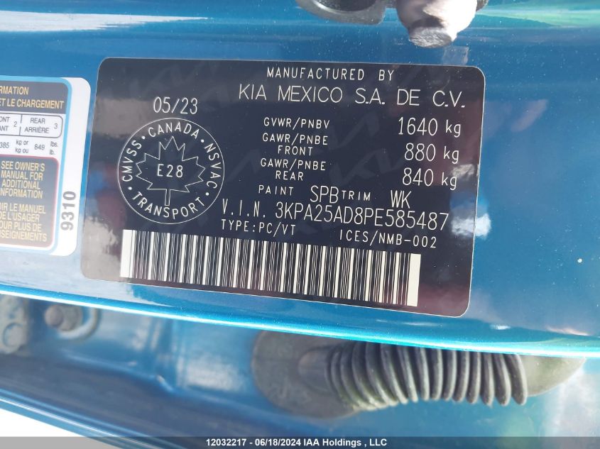 2023 Kia Rio S VIN: 3KPA25AD8PE585487 Lot: 12032217