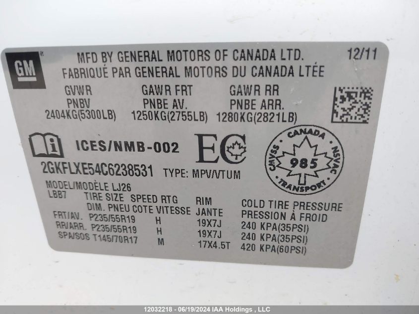 2012 GMC Terrain VIN: 2GKFLXE54C6238531 Lot: 12032218