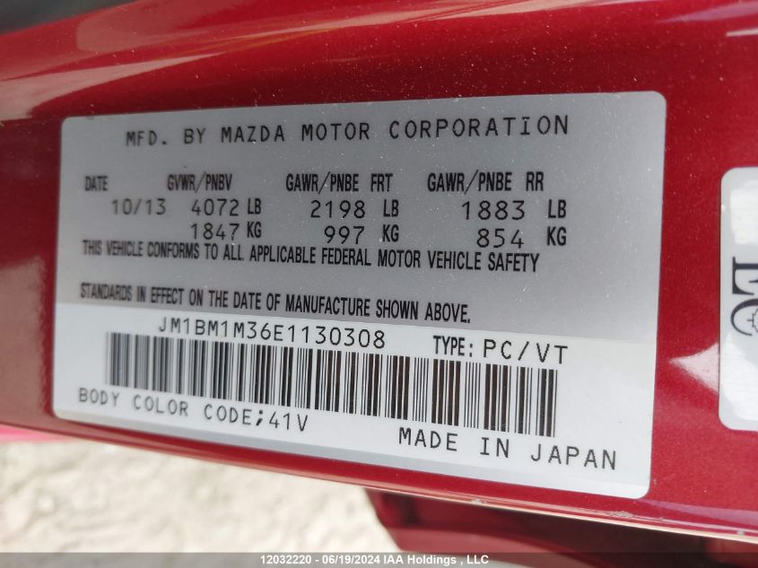 2014 Mazda Mazda3 VIN: JM1BM1M36E1130308 Lot: 12032220