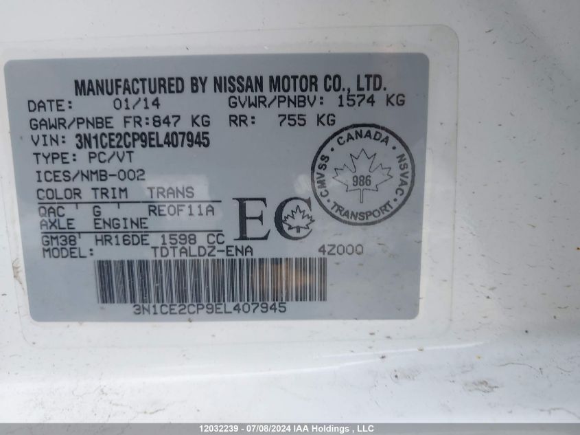 2014 Nissan Versa VIN: 3N1CE2CP9EL407945 Lot: 12032239