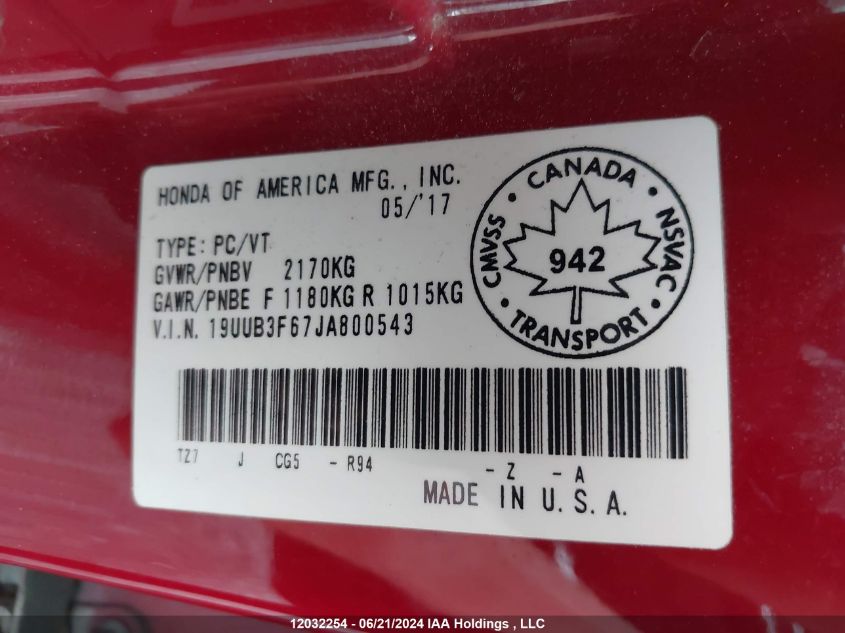 2018 Acura Tlx VIN: 19UUB3F67JA800543 Lot: 12032254