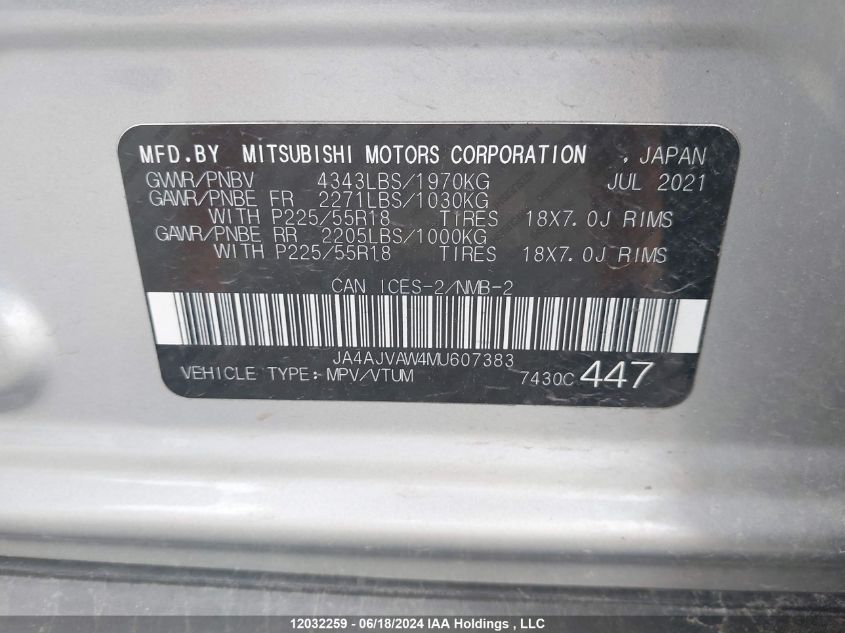 2021 Mitsubishi Rvr VIN: JA4AJVAW4MU607383 Lot: 12032259