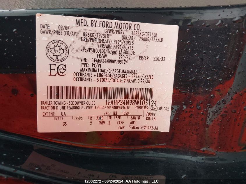 2008 Ford Focus S/Se VIN: 1FAHP34N98W105124 Lot: 12032272