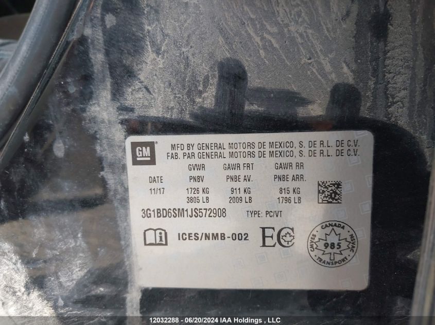 2018 Chevrolet Cruze Lt VIN: 3G1BD6SM1JS572908 Lot: 12032288