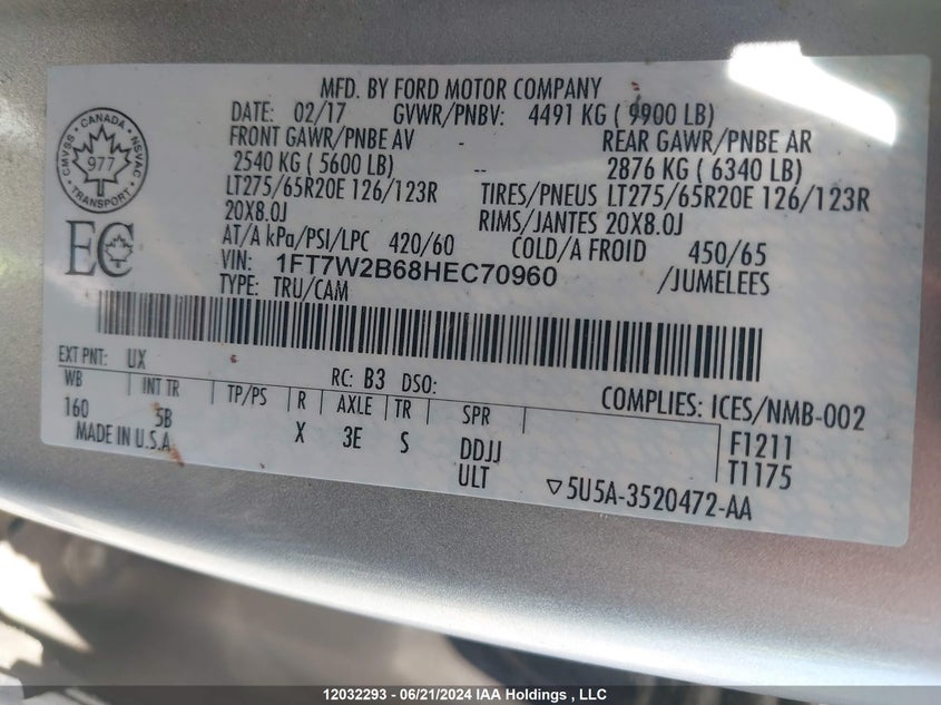 2017 Ford F-250 Lariat VIN: 1FT7W2B68HEC70960 Lot: 12032293