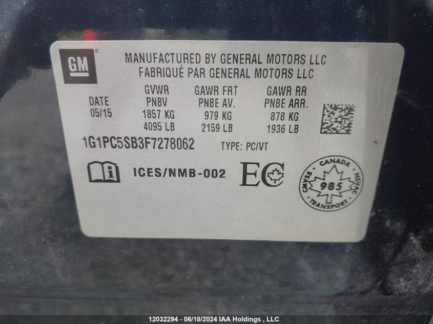 2015 Chevrolet Cruze VIN: 1G1PC5SB3F7278062 Lot: 12032294