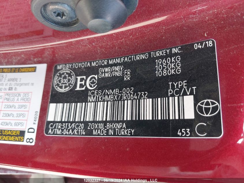 2018 Toyota C-Hr VIN: NMTKHMBX7JR064732 Lot: 12032327