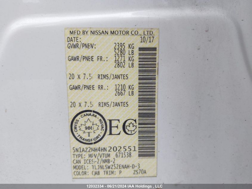 2017 Nissan Murano S/Sl/Sv/Platinum VIN: 5N1AZ2MH4HN202551 Lot: 12032334