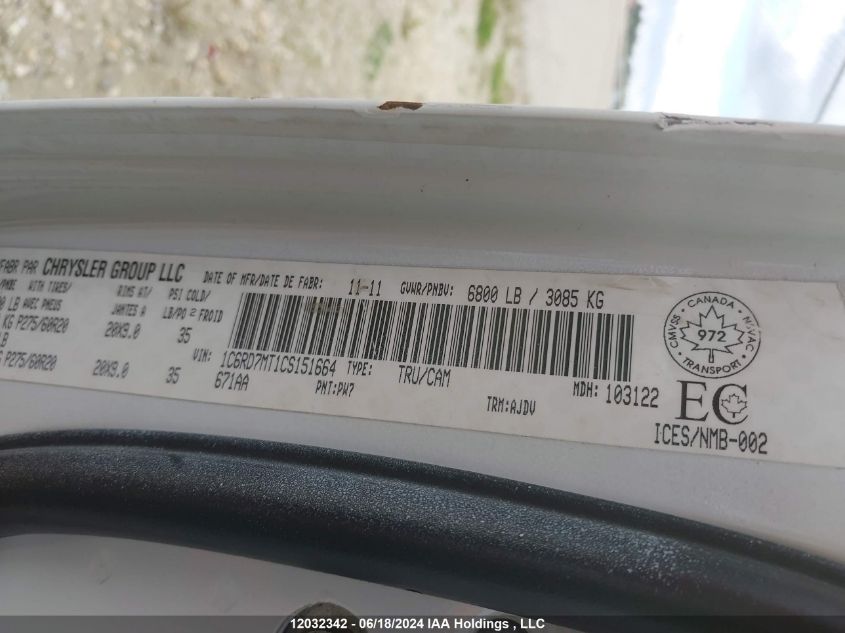 2012 Dodge Ram 1500 Sport VIN: 1C6RD7MT1CS151664 Lot: 12032342