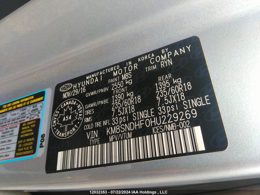 2017 Hyundai Santa Fe VIN: KM8SNDHF0HU229269 Lot: 12032353