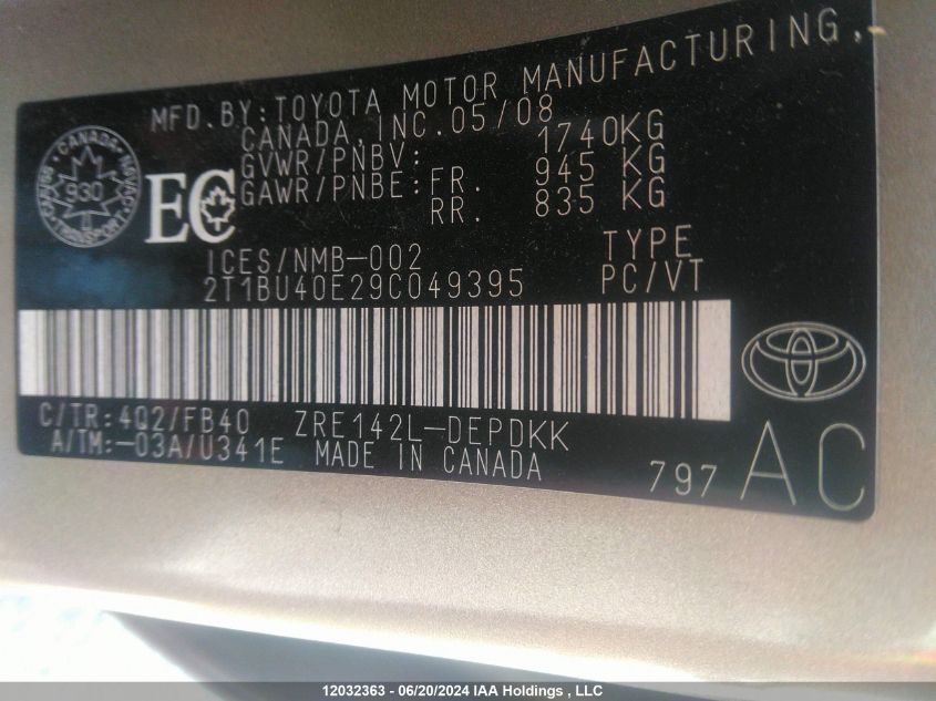 2009 Toyota Corolla VIN: 2T1BU40E29C049395 Lot: 12032363